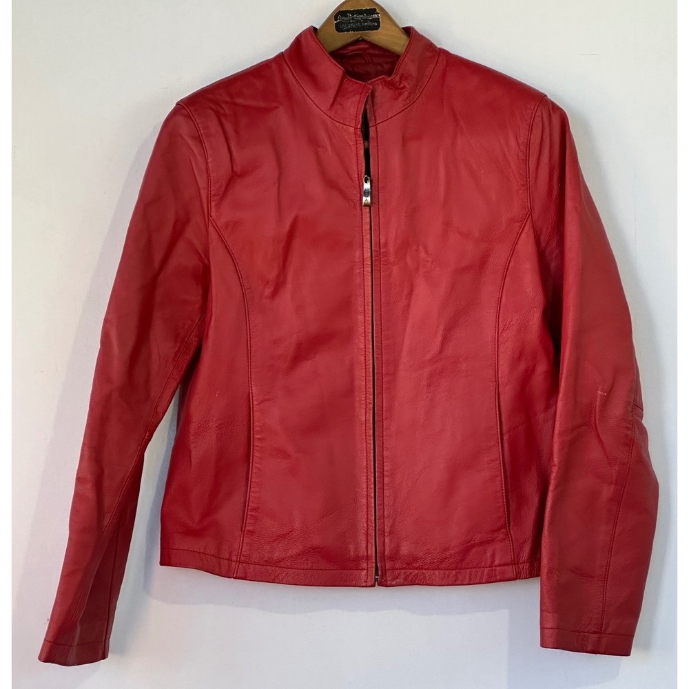 U.S.A. Leather Jacket Full Zip Lightweight‎ Womens Medium Red Excellent